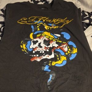Ed Hardy Black Tee with Yellow, Blue and Red Skull Snake Graphic